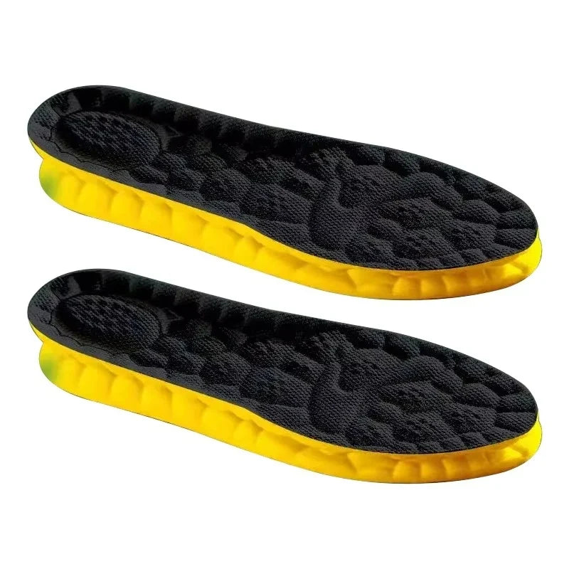 Set of 2 black sports insoles with textured cushioning and yellow outer edge