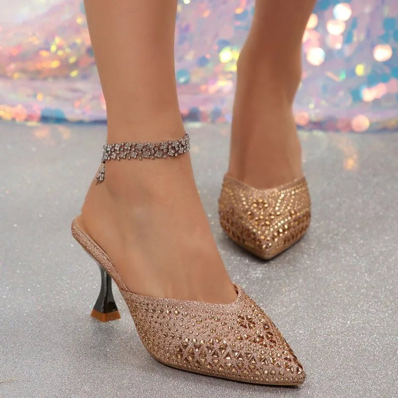Glitter pointed-toe high-heel sandals with block heel and ankle chain strap, gold-brown.