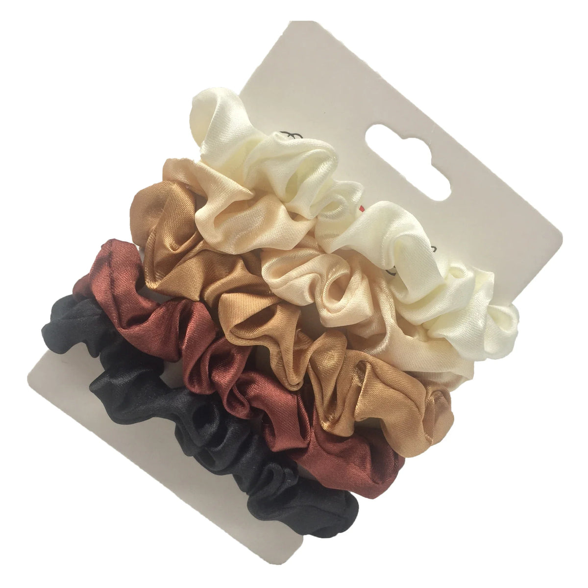 Silk satin scrunchies set in cream, tan, cocoa, and charcoal