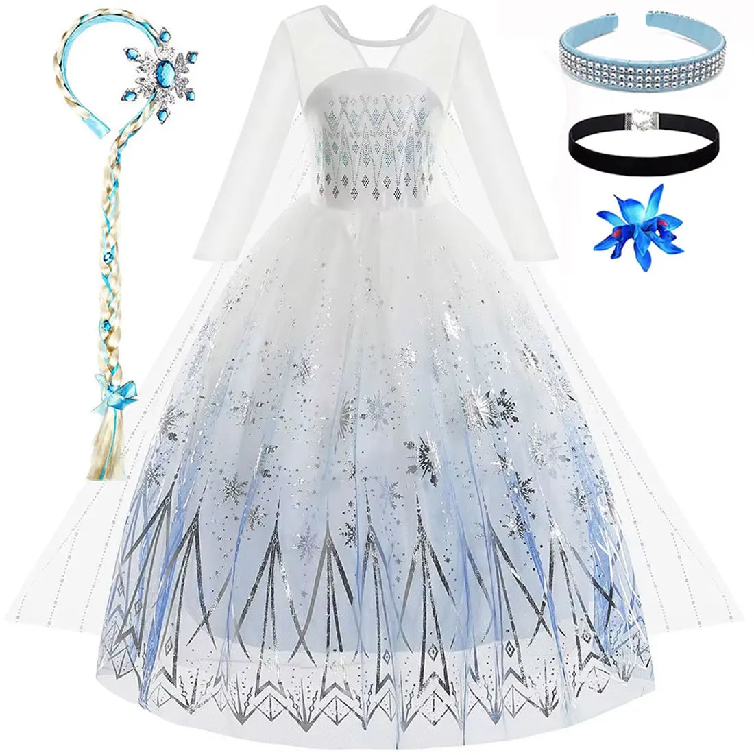Girls white tulle princess dress with blue pattern, headband, necklace, and braided wand