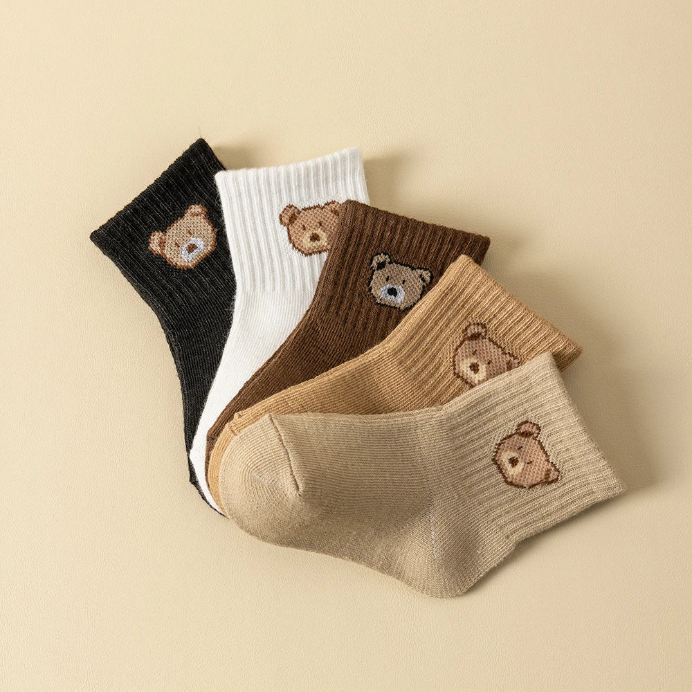 Baby sock set with cartoon bear faces, ribbed cuffs, assorted black, white, brown, beige