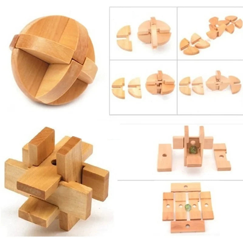 Wooden 3D interlocking puzzle pieces forming a segmented ball and cross