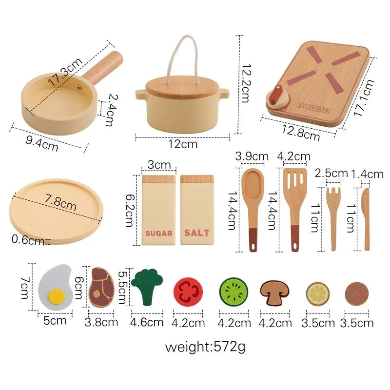 Wooden play food set with sugar and salt blocks, small cups, spoons, fruit pieces