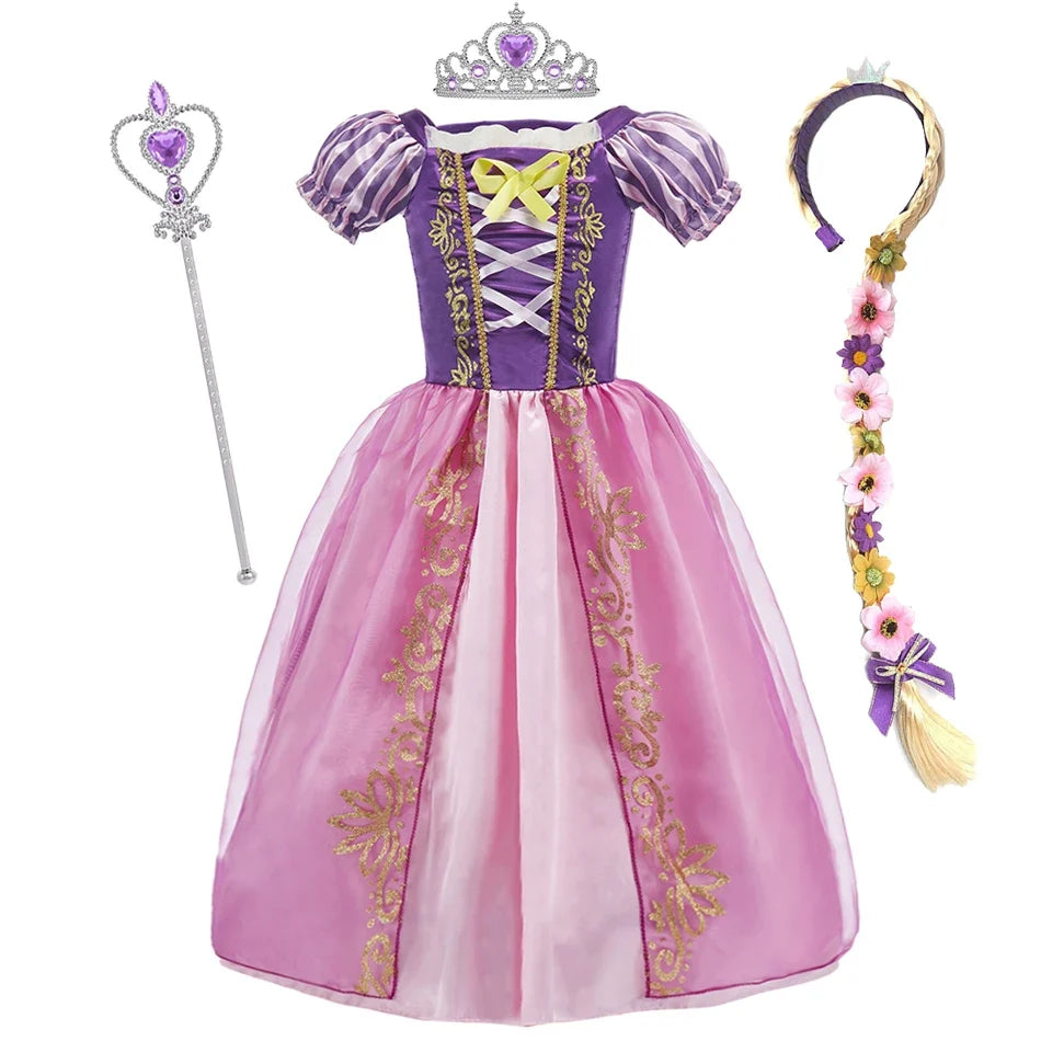 Princess cosplay dress with purple bodice, pink skirt, gold trim; tiara and wand set