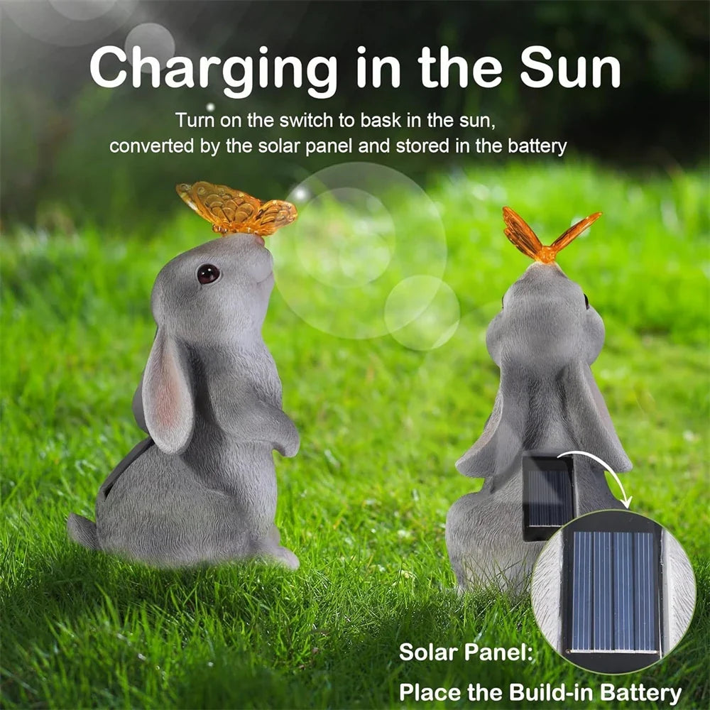 Solar bunny statue with butterfly LED light, plus solar panel charging inset
