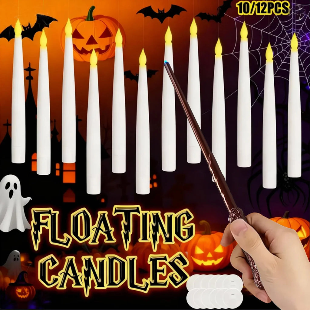 LED floating flameless candles set, white bodies with yellow flicker tips