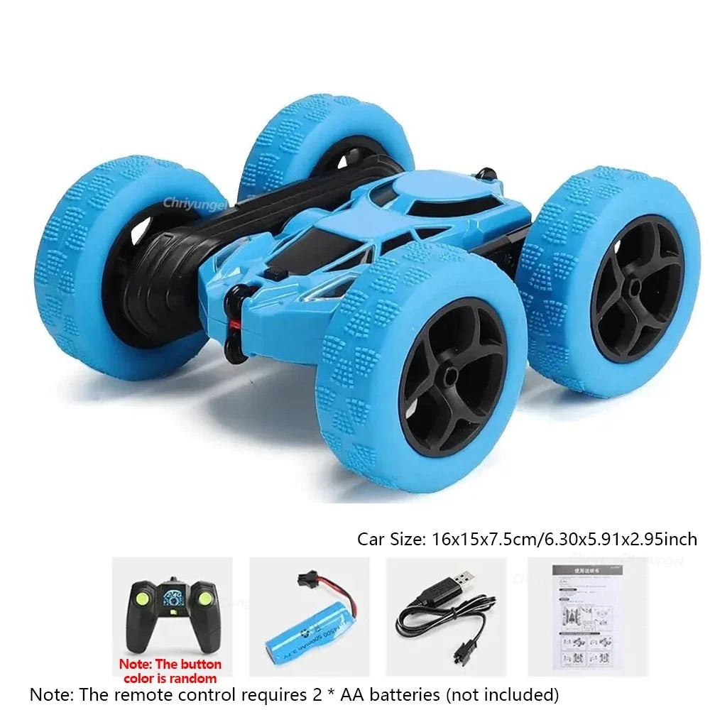 Blue remote control stunt car with four large tires and black 2.4G controller