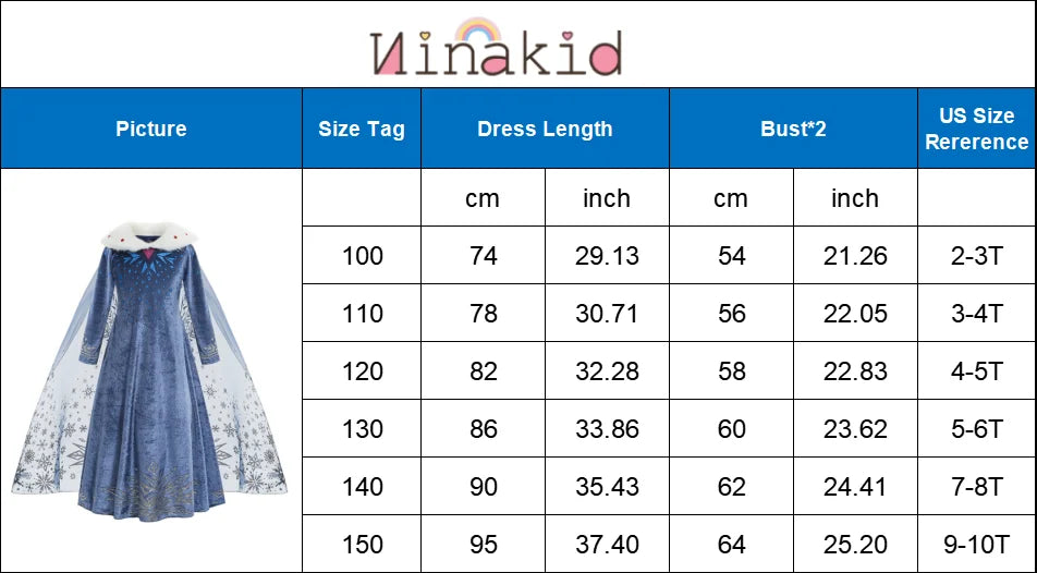 Size chart table with dress length and bust measurements for girls costume