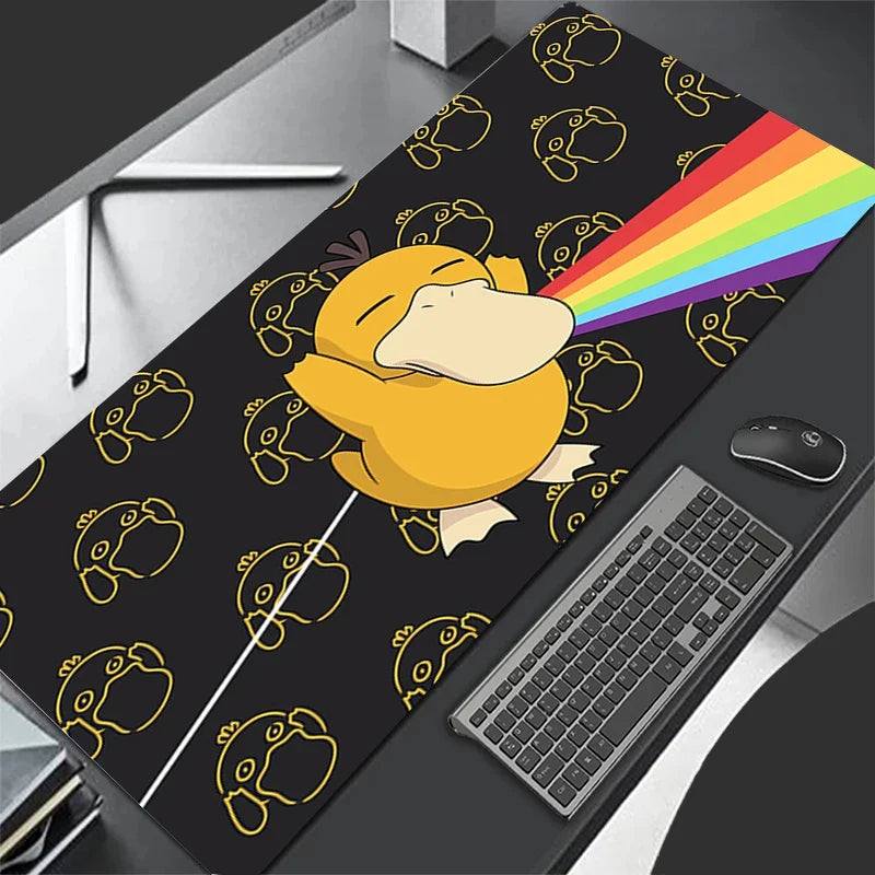 XXL gaming mouse pad with yellow Psyduck and rainbow graphic, dark background and stitched trim