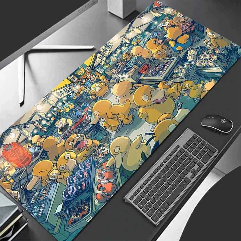 XXL gaming mouse pad with Psyduck cartoon print, blue background and stitched edges