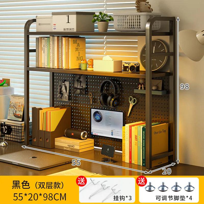 Black iron desktop pegboard organizer with clock, shelves, and hanging hooks