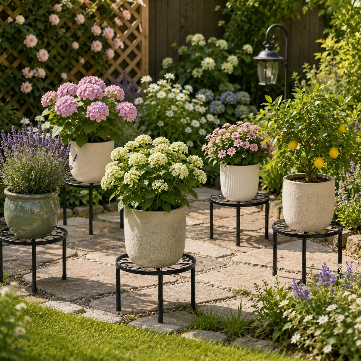 Round black metal plant stand with decorative base ring for outdoor potted flowers
