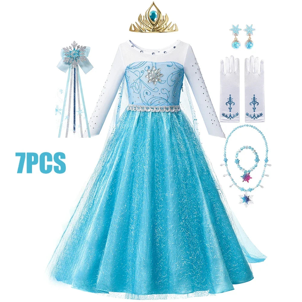 Kids blue princess-style dress with embroidered front panel and shimmering tulle skirt