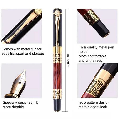 Retro fountain pen with gold clip and patterned barrel, metal nib at the tip