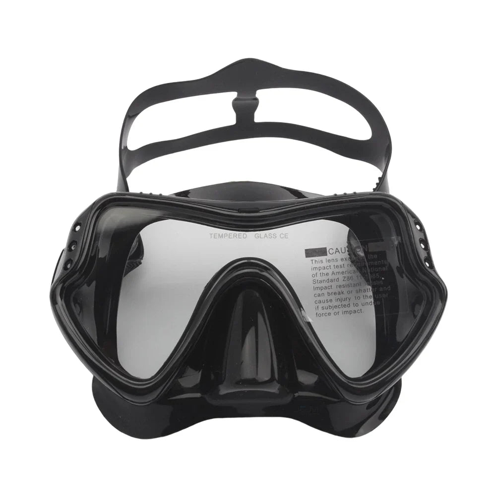 Black diving goggles with tinted tempered lenses and adjustable head strap