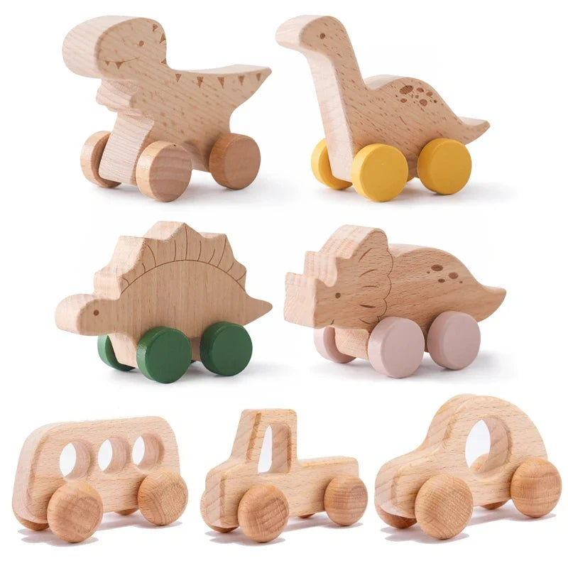 Wooden cartoon dinosaur teether car set with colored wheels