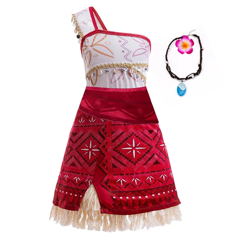 Girls' red layered Halloween dress with white bodice and beaded necklace