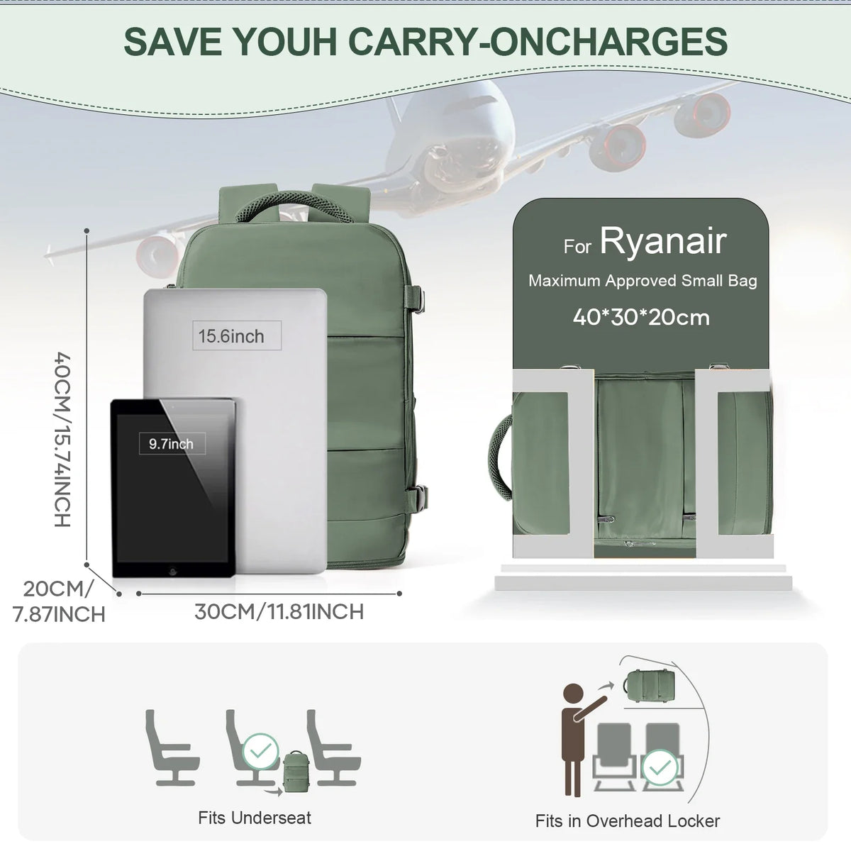 Army green cabin travel backpack with front sleeve pockets and side carry handle