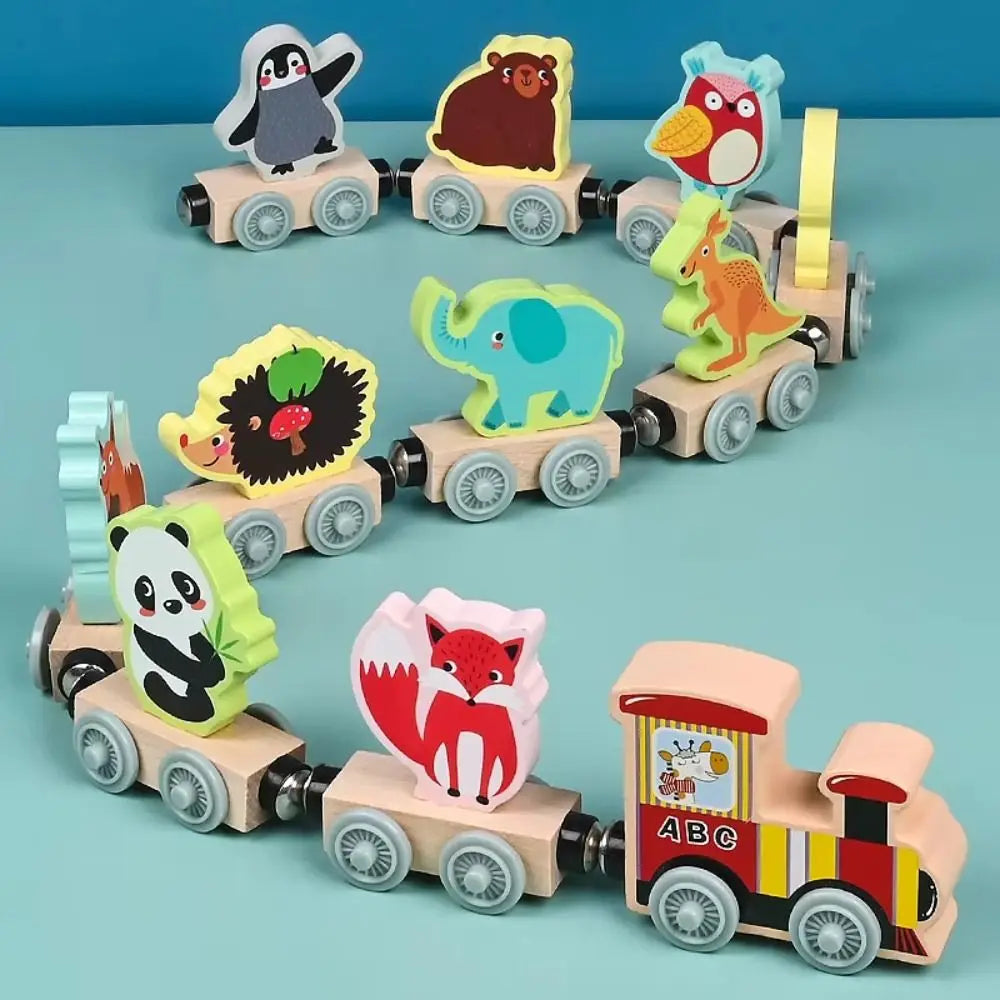 Wooden magnetic train set with animal character block cars, including penguin, bear, and fox