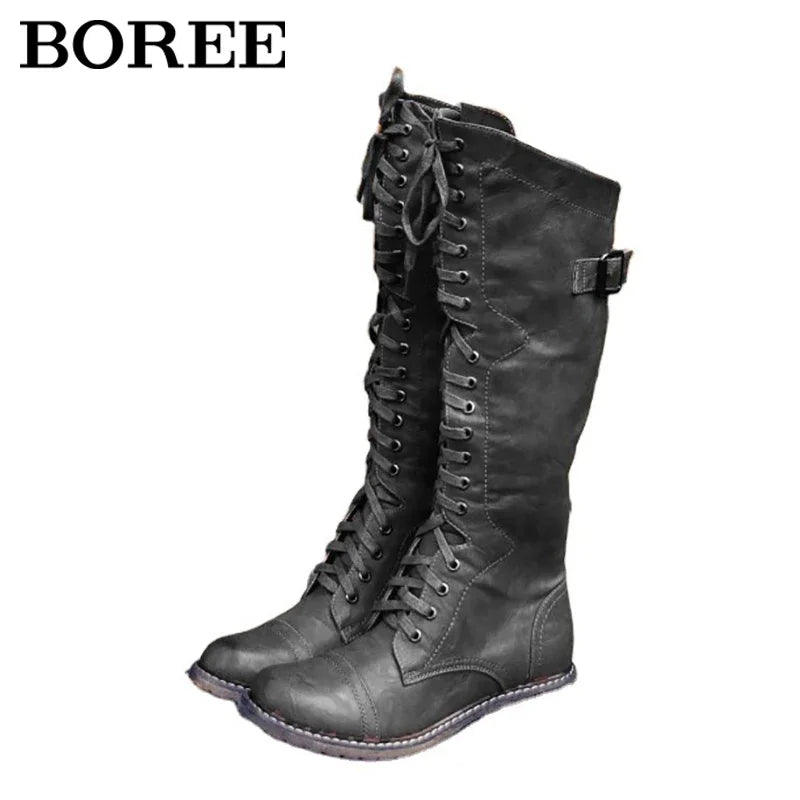 Women’s lace-up knee-high boots, flat sole, black PU leather with side buckle