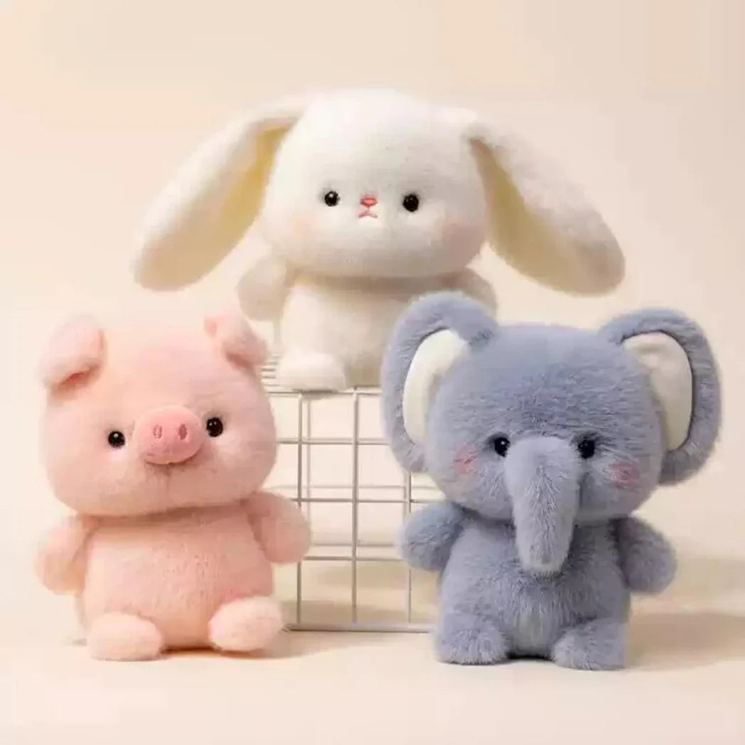 15cm plush animal toys: white bunny, pink pig, and light blue elephant.