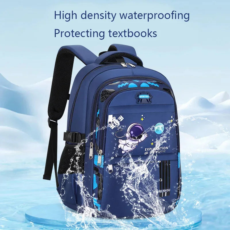 Kids astronaut school backpack in navy blue with splash effect over front zip pockets