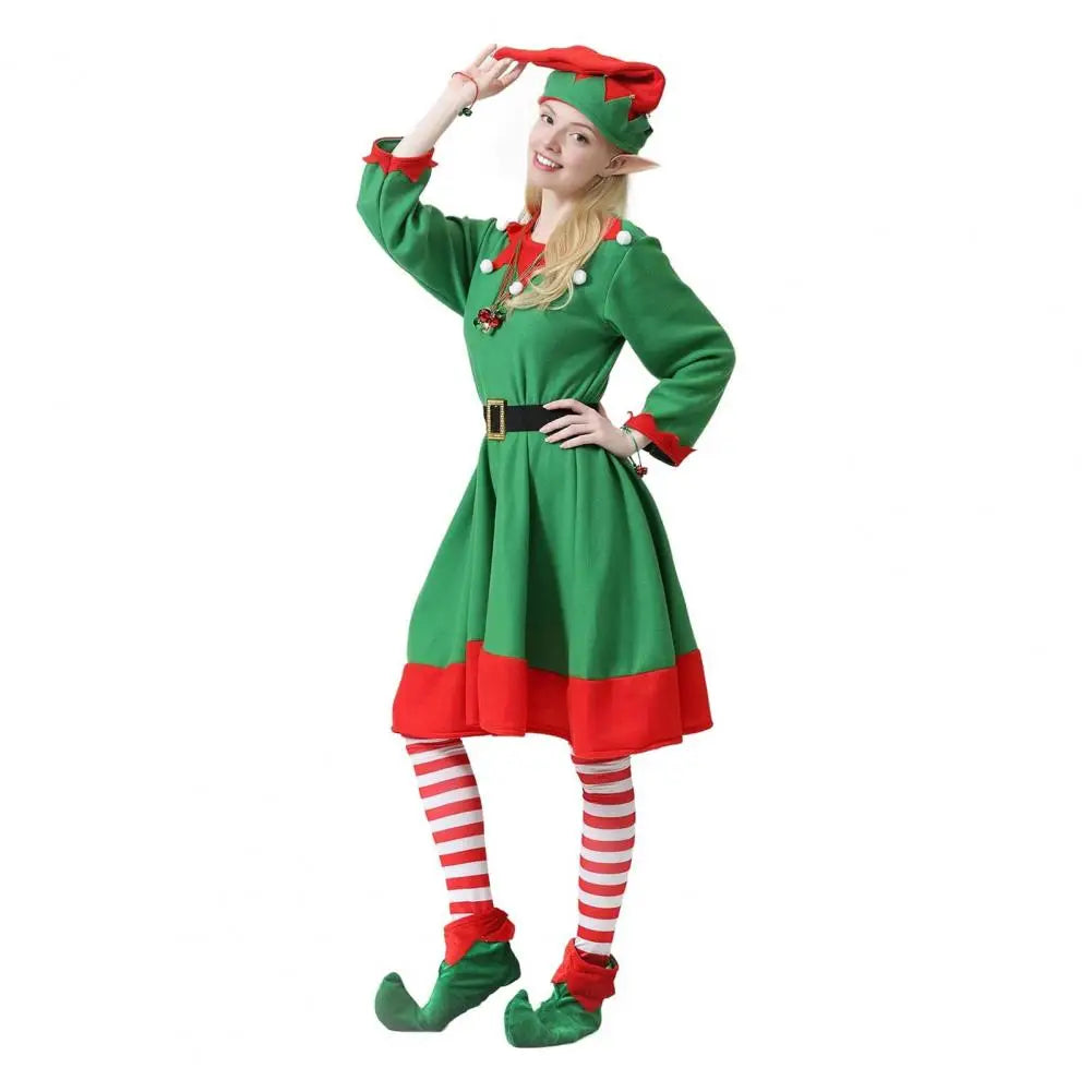 Green elf costume dress set with red trim, striped tights, hat, shoes and belt
