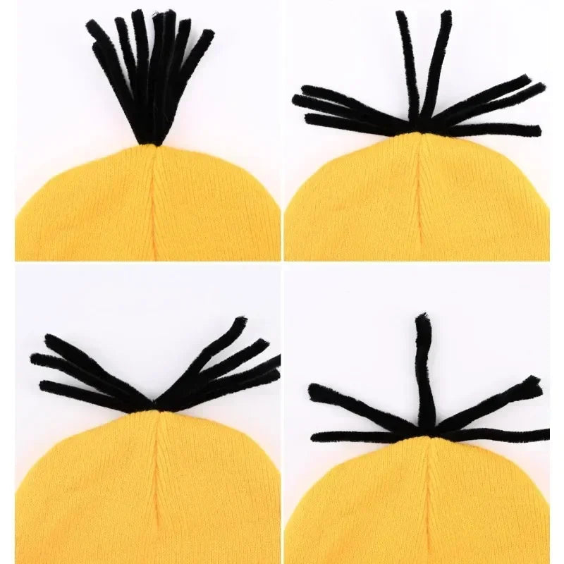 Yellow knit beanie with black spiky top for Halloween costume accessories