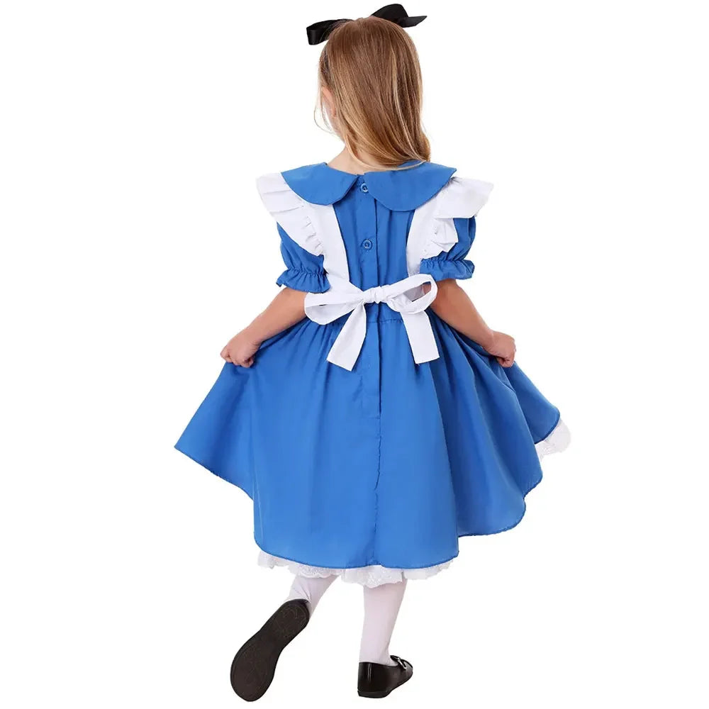 Back view of blue and white maid costume dress with ribbon tie and lace hem