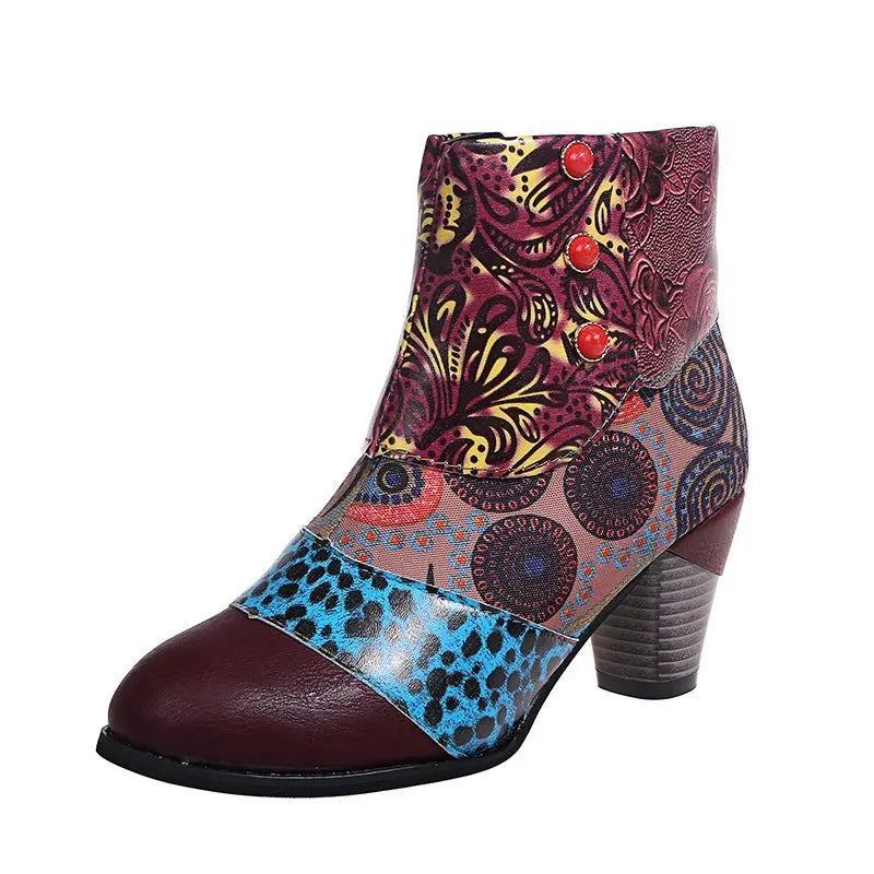 Women’s ankle boots with maroon and teal patterned upper and chunky stacked heel