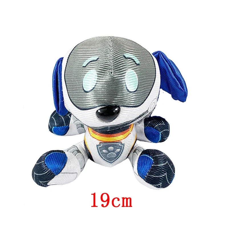 Gray and white plush puppy doll with blue ear accents, smiling face and teal scarf