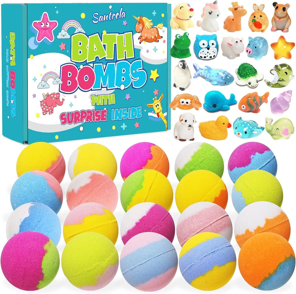Kids bath bomb gift set box with colorful fizzy balls and surprise animal toys
