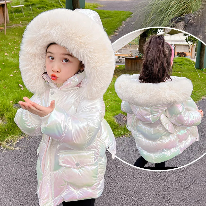 Girls hooded puffer coat with faux fur hood and zipper, iridescent white shimmer.