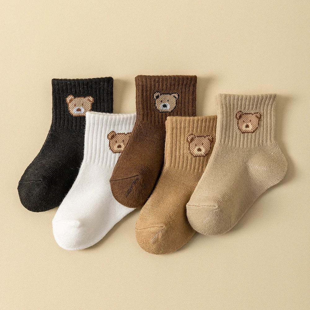 Baby socks with cartoon bear faces, ribbed cuffs, assorted black, white, brown, tan, cream