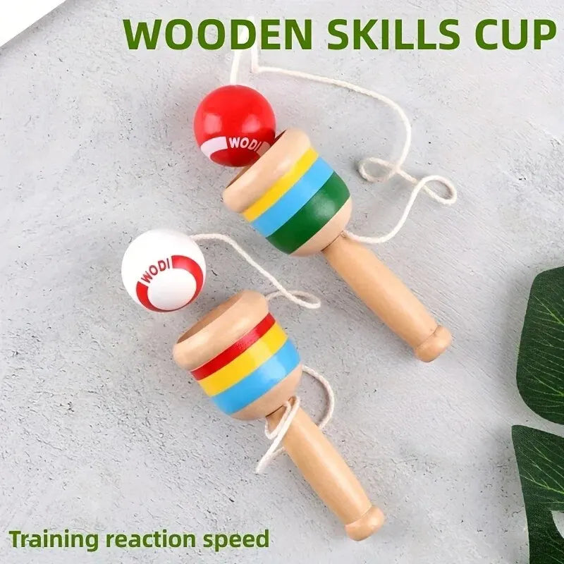 Wooden cup-and-ball throw and catch toy with red and white cups and strings