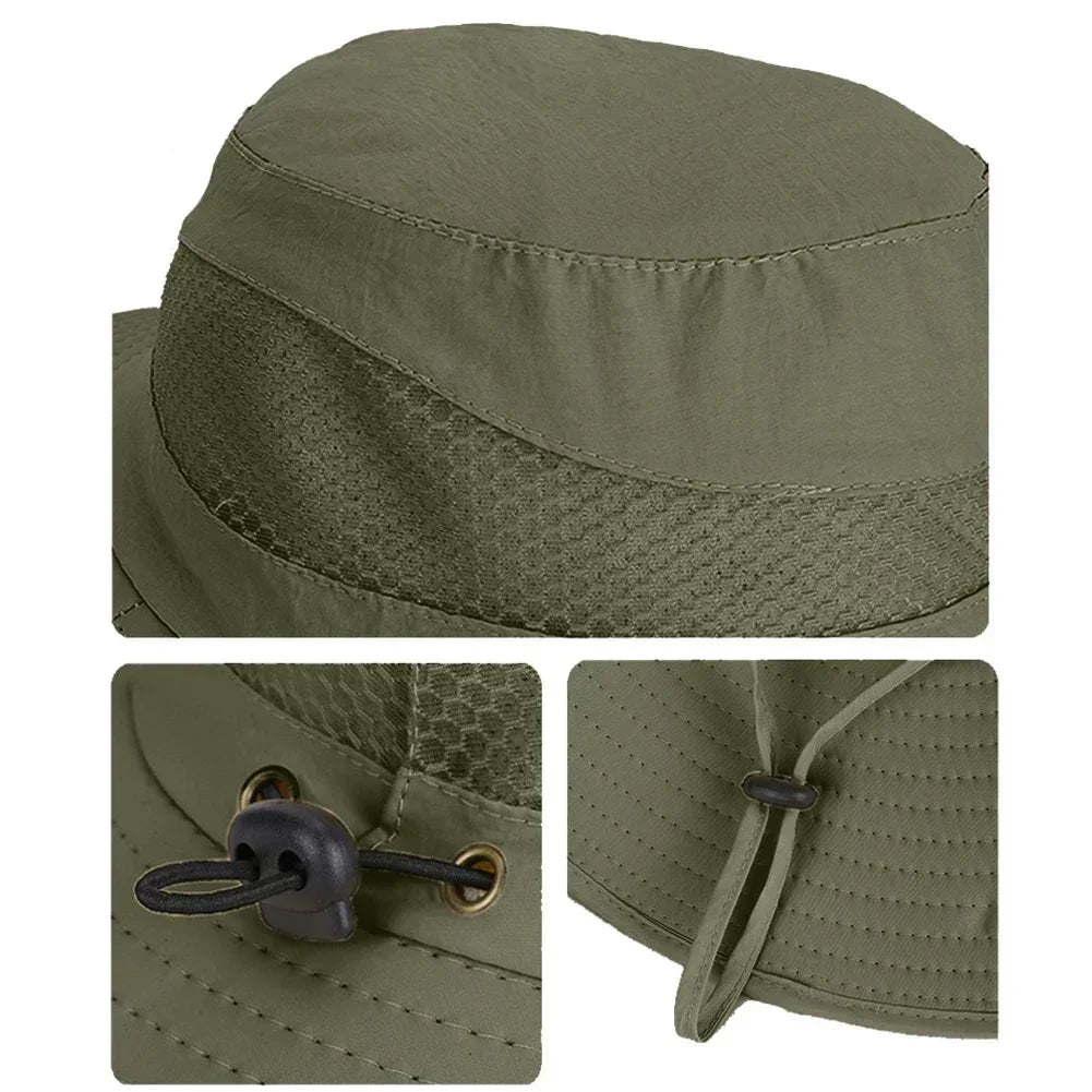 Olive fisherman hat close-up with textured panel, adjustable back toggle and chin strap