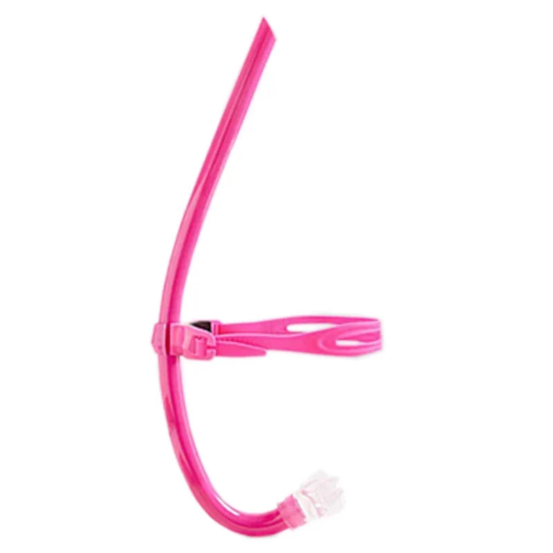 Swim training snorkel with center-mount silicone mouthpiece, pink curved tube