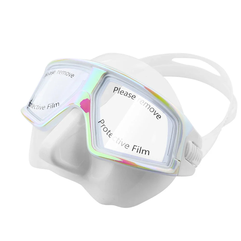 White diving goggles with protective film on clear tempered lenses and strap