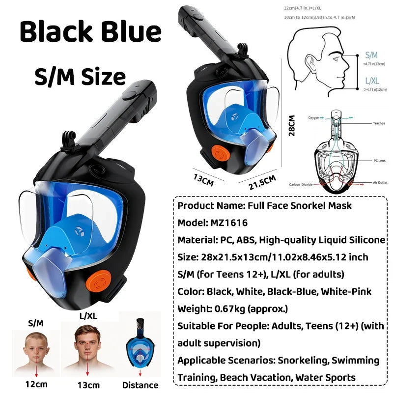 Black-blue full-face snorkel mask infographic with blue visor and orange valves