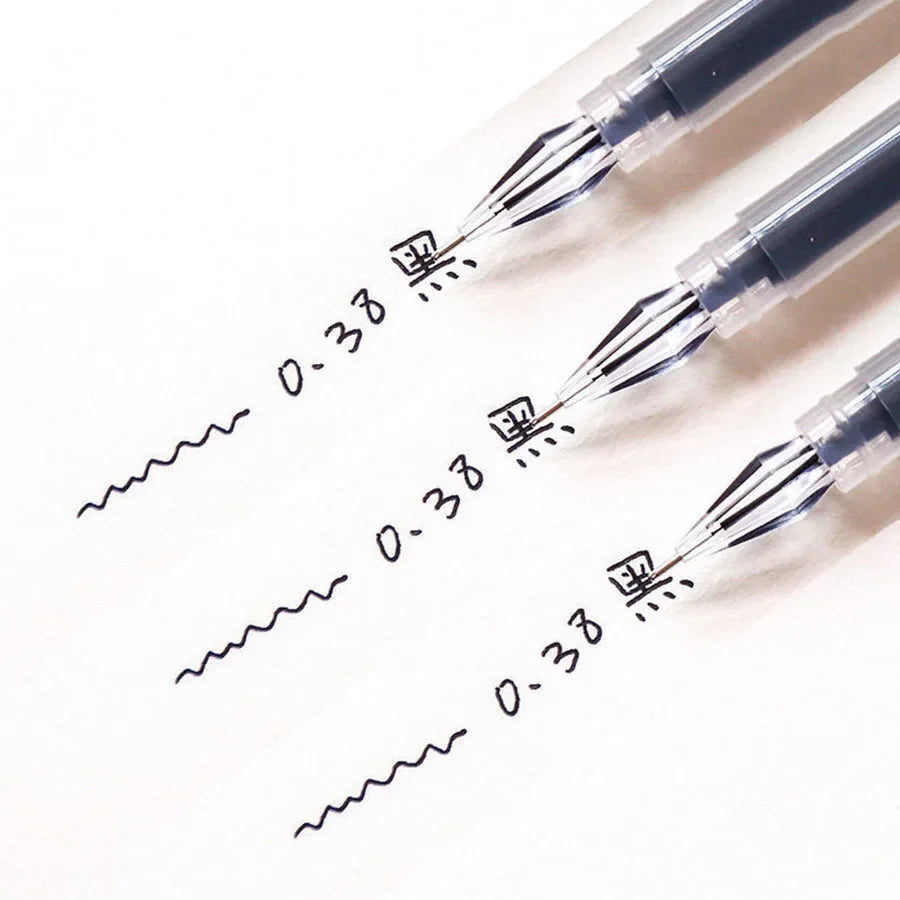Diamond tip gel pens with blue and black fine 0.38mm ink lines on white paper