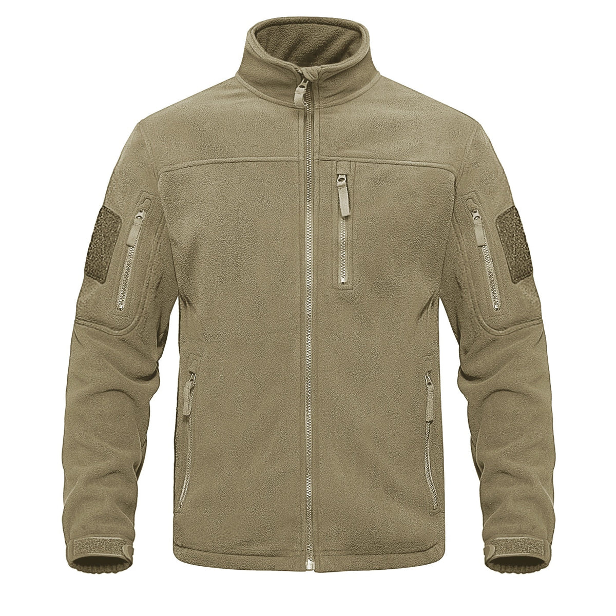 Beige full-zip fleece jacket with stand collar and chest zipper pocket