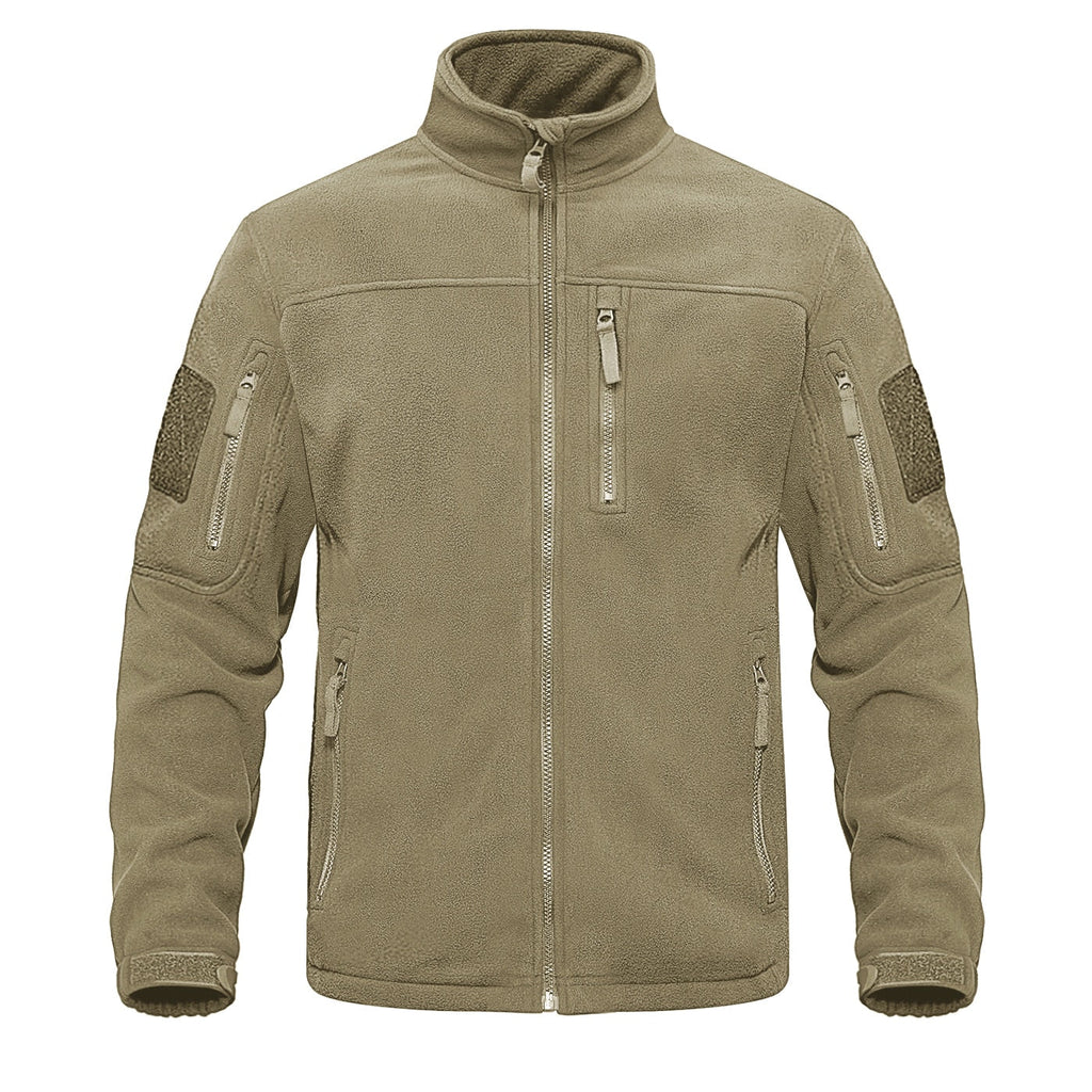Fleece full-zip jacket in khaki beige with stand collar and front zipper pocket