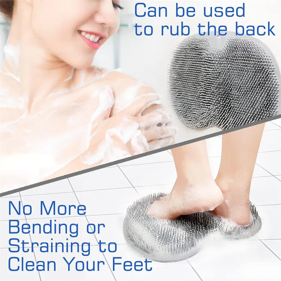 Gray round shower scrubber pad with dense bristles for feet and back cleaning