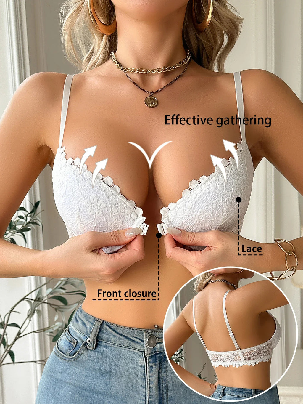 White lace front-clasp bra with underwire and adjustable straps
