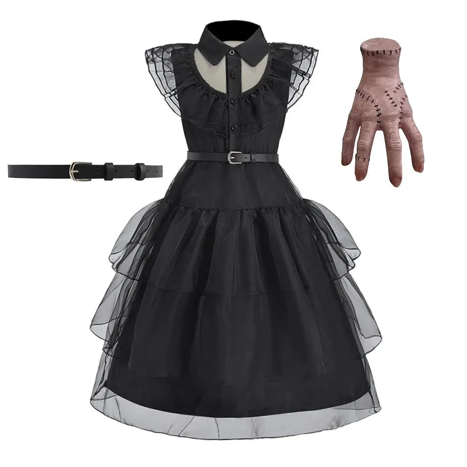 Kids black princess costume dress, puff sleeves, Peter Pan collar, layered tulle skirt