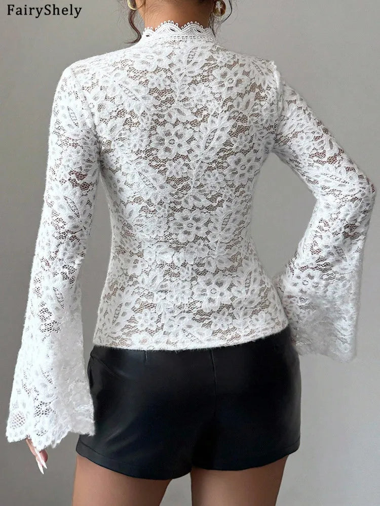 White lace long-sleeve V-neck crop top, fitted with scalloped neckline