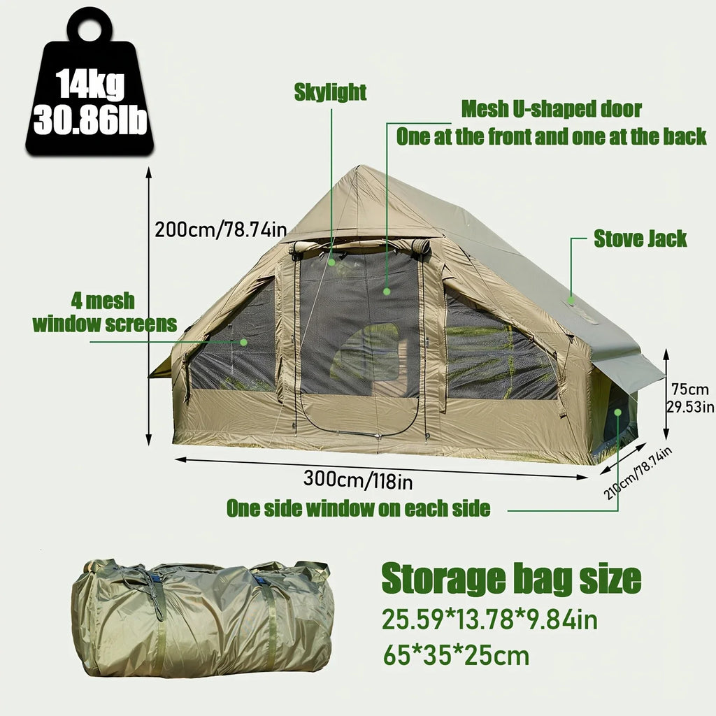 Beige inflatable camping tent with mesh U-shaped door, stove jack roof opening, and windows