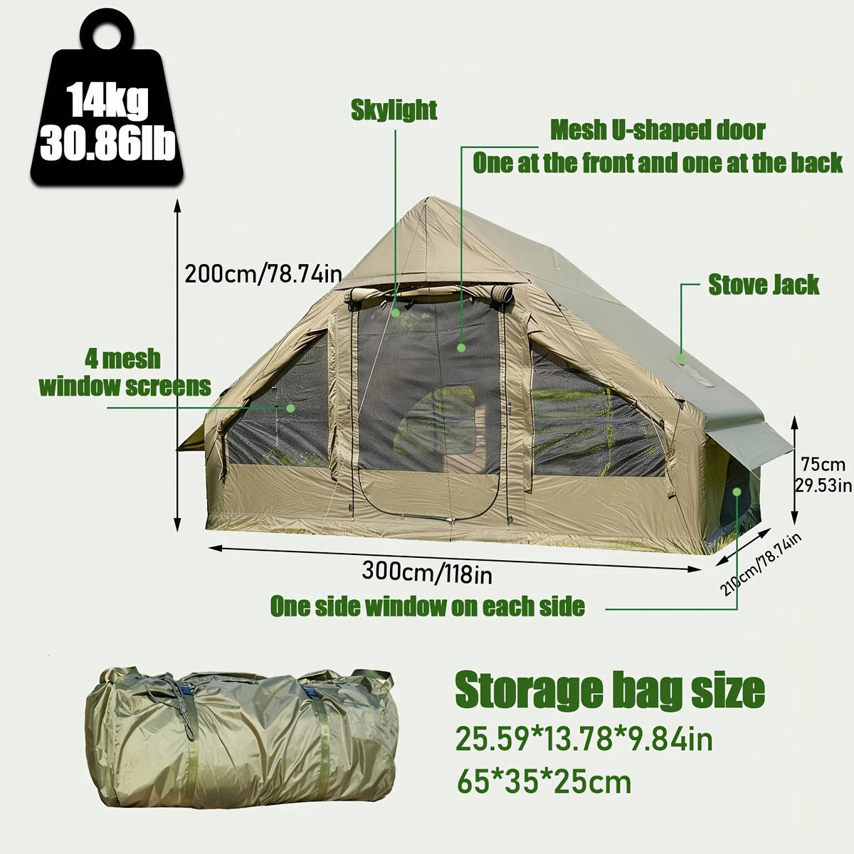 Beige inflatable camping tent with mesh U-shaped door, stove jack roof opening, and windows