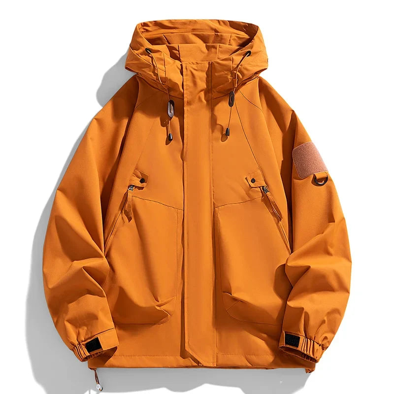 Men's orange hooded waterproof windbreaker jacket with zip front and utility pockets