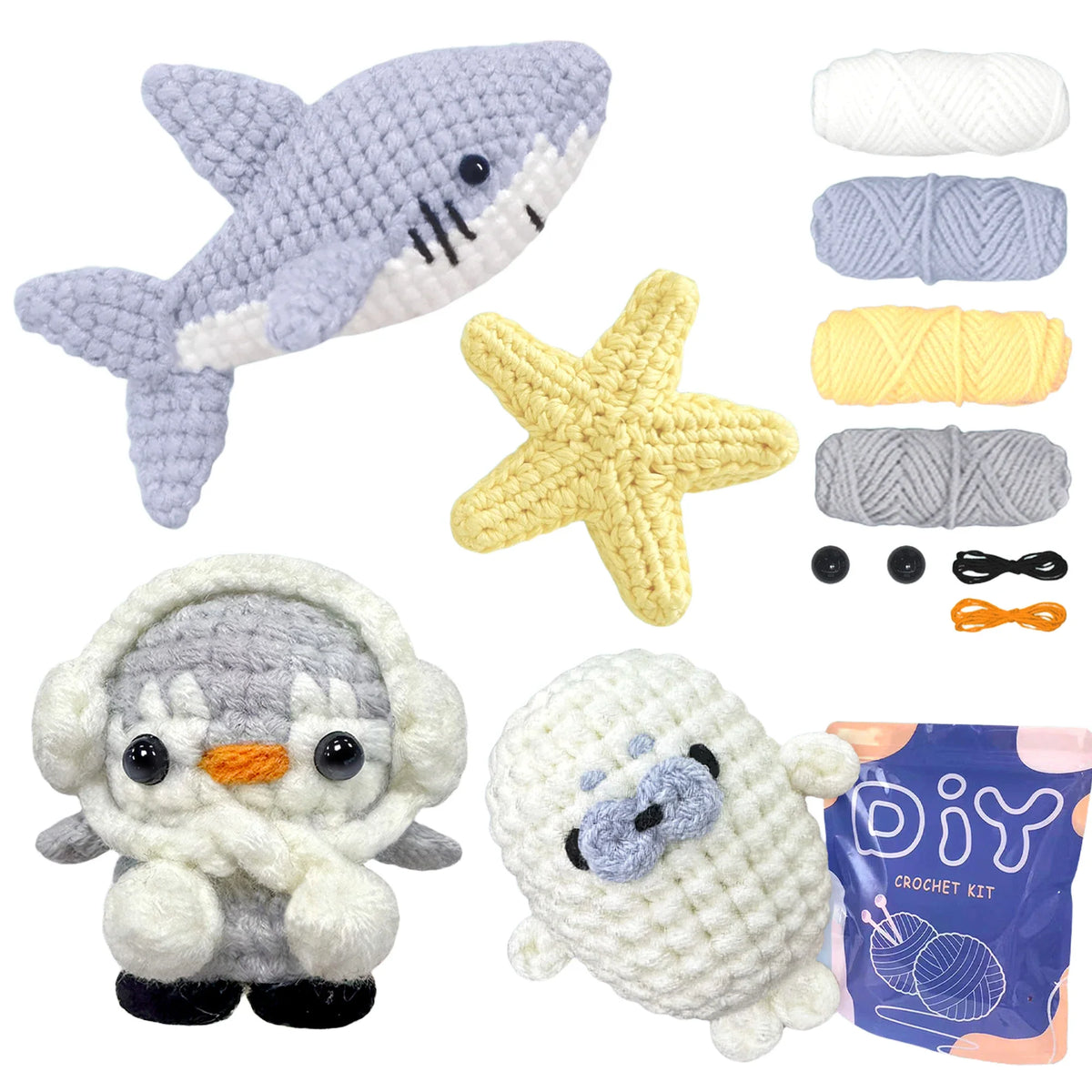 Crochet animal toys set with whale, starfish, fish, and penguin plush figures